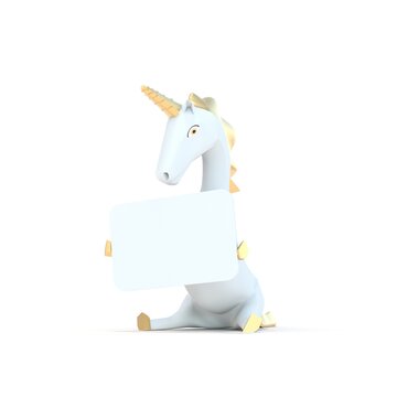 sitting unicorn holding a sign on white background