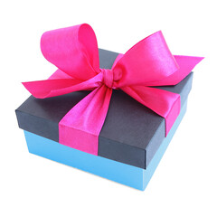 Blue gift box with pink satin ribbon bow isolated on white