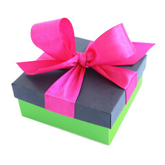 Green gift box with pink satin ribbon bow isolated on white