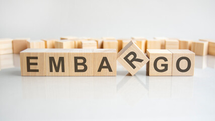 EMBARGO text on a wooden blocks, gray background.