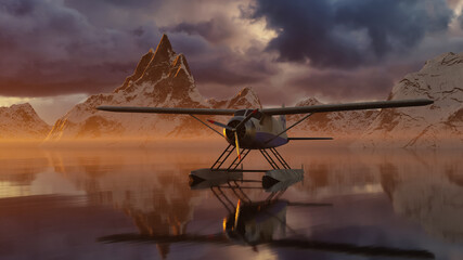 3D Rendering. Seaplane in Glacier Lake Water surrounded by Rugged Alpine Mountain Landscape. Dramatic Sunset Sky.