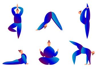 Set of women in blue clothes do yoga isolated on white. Tree, downward facing dog, cobra and other positions. Concept of balance, healthy lifestyle, sports, harmony
