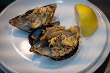 Midye dolma, stuffed mussels close-up, traditional Turkish food food taken in Istanbul