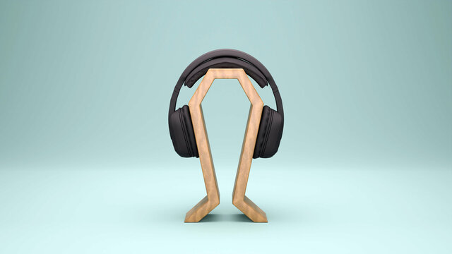 Headphone wooden display stand hanger holder headset earphone 3D render illustration