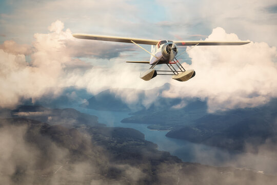 Seaplane flying around the clouds and mountains. 3d Rendering Airplane. Aerial Background from British Columbia, Canada.