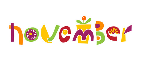 Vector illustration lettering november on white background. Unique handwritten lettering. Template for diary, calendar, planner, check lists, and other stationery.