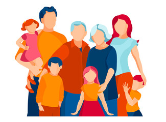 Kids, parents and grandparents are together. Flat Vector concept of happy family. Illustration isolated on white background.