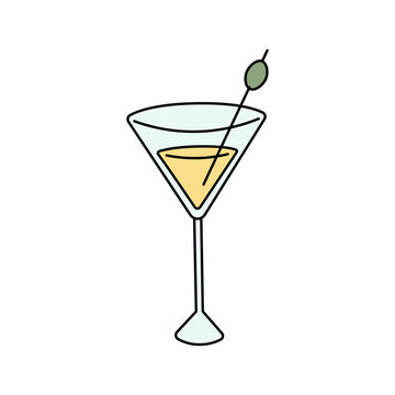 Martini glass with olives in doodle style. Cute cartoon cocktail. Vector illustration isolated on white background
