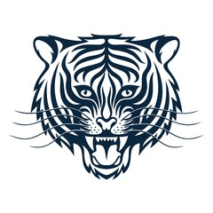 Roaring tigress - stylized tattoo. Head of tiger with an open mouth. Vector monochrome illustration.