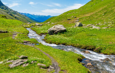 Fototapeta na wymiar Beautiful landscape at the Little Saint Bernard Pass on a summer afternoon, between Italy and France.