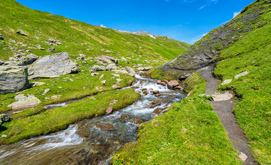 Beautiful landscape at the Little Saint Bernard Pass on a summer afternoon, between Italy and France.
