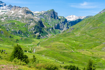 Beautiful landscape at the Little Saint Bernard Pass on a summer afternoon, between Italy and...