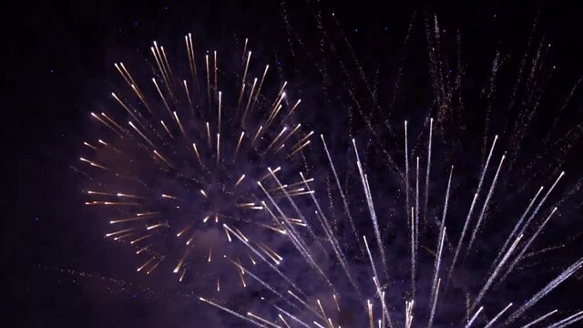 Big festive artillery salute, fireworks slow motion