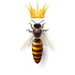 Realistic Bee Queen Mother with Golden Crown. Detailed Illustration of a Queen Bee on White Background. Insect Symbol for Natural, Healthy, and Organic Food Production