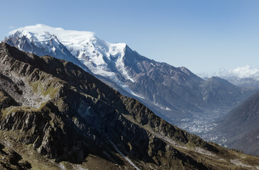 Mont Blanc massif covered with eternal snows with a main 4808m summit over the hidden Chamonix...