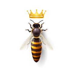 Realistic Bee Queen Mother with Golden Crown. Detailed Illustration of a Queen Bee on White Background. Macro Insect, Concept of Food Industry