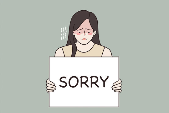 Feeling sorry and guilt concept. Young sad frustrated woman feeling guilty holding sign saying sorry in hands vector illustration 