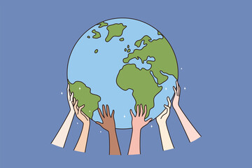Happy Earth Day and ecology concept. Human hands holding protecting our earth planet saving it making everyday earth day vector illustration 