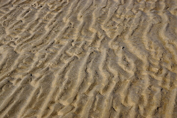 Rippel im Wattenmeer bei Ebbe. Der Sand wurde durch das fließende Wasser zu regelmäßigen Mustern...