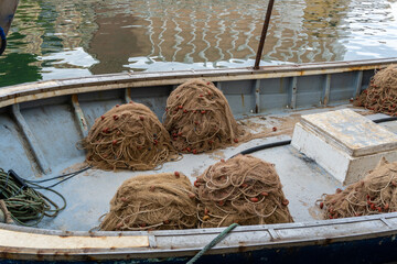 Fishing nets on the deck of a boat. 