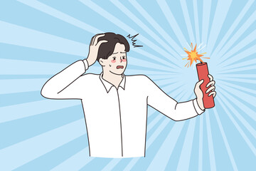 Business risks, challenge, stress concept. Young stressed frustrated Businessman standing feeling worried for imminent explosion vector illustration 