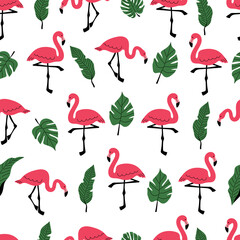 seamless pattern with pink flamingo and palm leaves. A pattern with exotic birds, a banana leaf, a monstera. Stock vector flat cartoon illustration on a white background.