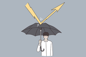 Business safety, defending, strategy concept. Young businessman cartoon character standing with umbrella and defending from thunder lightning arrows hitting vector illustration 