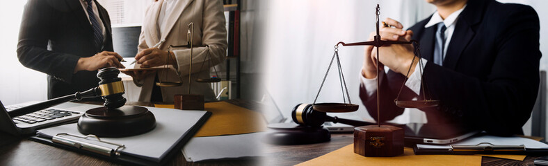 Business and lawyers discussing contract papers with brass scale on desk in office. Law, legal services, advice, justice and law concept picture with film grain effect