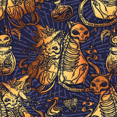 Halloween vector composition with mystical cat skeleton, witch hat, t-shirt design, seamless pattern, background blue