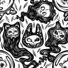Vector composition with demon cat, ghost, crystal ball with a skull inside. Adult coloring book page, background light, seamless pattern, t-shirt design