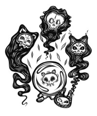 Vector composition with demon cat, ghost, crystal ball with a skull inside. Adult coloring book page, tattoo art, t-shirt design