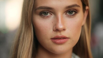 Closeup face of beautiful blond smiling woman with long hair. Portrait of gorgeous girl looking to camera - Powered by Adobe