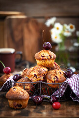 Fresh homemade delicious cherry muffins on rustic background