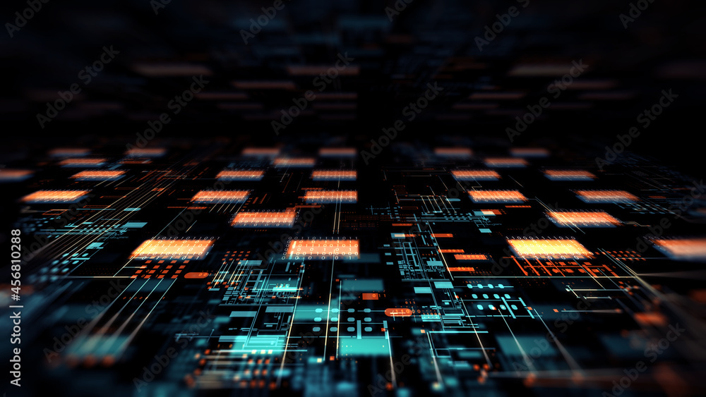Aufkleber Printed circuit board futuristic server/The mother server is processing the data, Circuit board futuristic server code processing. Orange, red, blue technology background with bokeh. 3d rendering