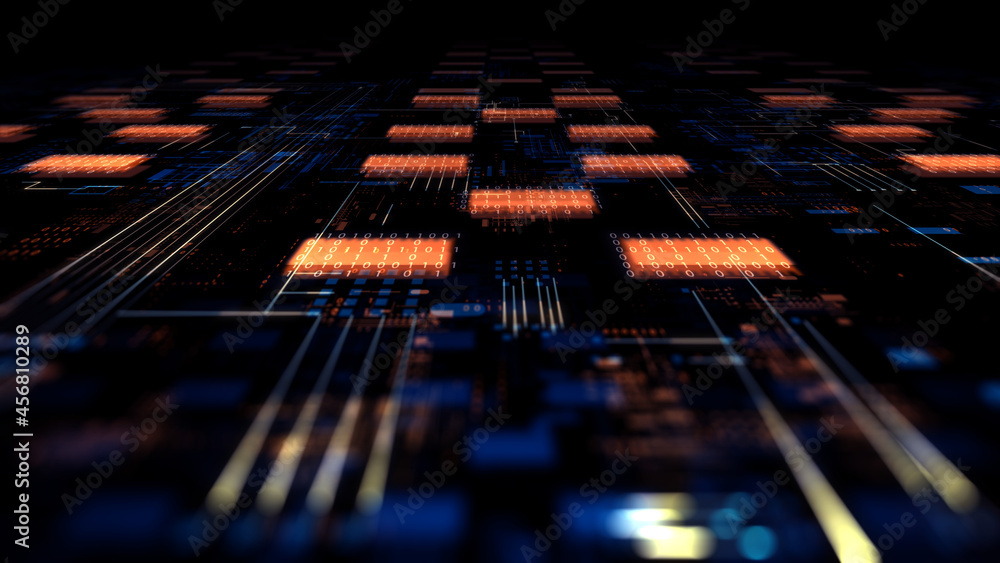 Aufkleber Printed circuit board futuristic server/The mother server is processing the data, Circuit board futuristic server code processing. Orange, red, blue technology background with bokeh. 3d rendering