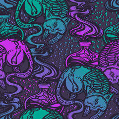 Vector composition with mystical cat skeleton and  bottle of potion, background grey, seamless pattern, t-shirt design