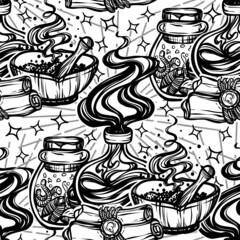 Vector illustration, Halloween, mystic, witchcraft, bottles of potion. handmade, prints, background light, seamless pattern