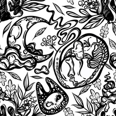 Obraz premium Halloween vector composition with mystical cat skeleton, candle and moon, background light, seamless pattern, t-shirt design