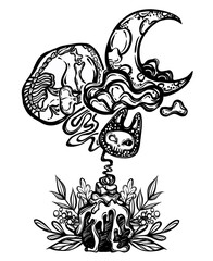 Halloween vector composition with mystical cat skeleton, candle and moon. Adult coloring book page, tattoo art, t-shirt design