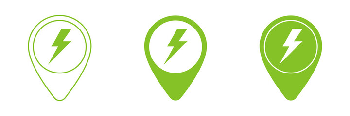 Location icons set. Green energy. Electric lightning logo.