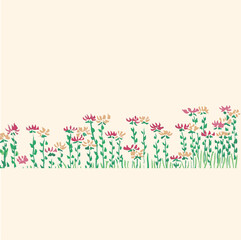 Watercolor floral landscaper with colorful wildflowers, plants, and grass. Abstract pink flowers with leaves on white. Botanical illustration for cards, wedding design