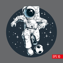 Astronaut playing football or soccer in outer space. Player dribbling a ball. Print, poster or banner. Comic style vector illustration.