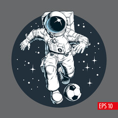 Astronaut playing football or soccer in outer space. Player dribbling a ball. Print, poster or banner. Comic style vector illustration. © ledokolua