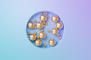 Golden spheres on gradient background, abstract minimal 3d render