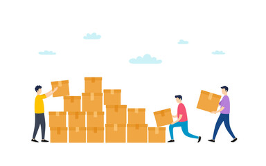 Cardboard box delivery. People carry carton packages. Infographic container storage. Team work together with fragile cardboard boxes. Cargo carton goods packages. Package logistics. Partnership vector