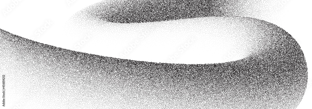 Poster dotwork swoosh pattern vector background. black grunge noise stipple dots wave. sand grain effect. b
