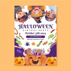 watercolor halloween party vertical poster template vector design illustration