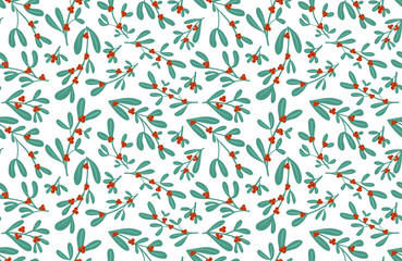 Christmas winter seamless pattern with mistletoe and holly berries on white background. Cute floral festive design for greeting card, fabric, textile.