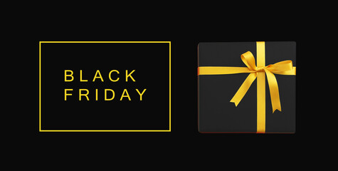 BLACK FRIDAY SALE FLYER WITH A GIFT WITH YELLOW RIBBON BOW ON BLACK BACKGROUND. SHOPPING MALL AND SHOPPING ONLINE CONCEPT.