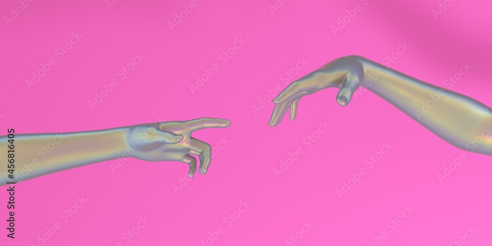 Poster Modern 3d illustration with two artificial hands about to touch each other, reminiscent of the scene of Adam's creation.